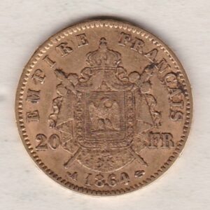 1864 A France Gold Twenty Francs coins featuring Napoleon III on the Obverse. The imperial symbols, date and mint mark on the Reverse.