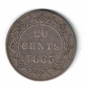 1865 Newfoundland Canada Silver 20 Cent Coin. The obverse features Queen Victoria. The reverse features the value and date within a wreath.