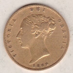 1869 Gold Half Sovereign Coin featuring Queen Victoria Young Head on the Obverse and the shield design on the Reverse with die number 21.