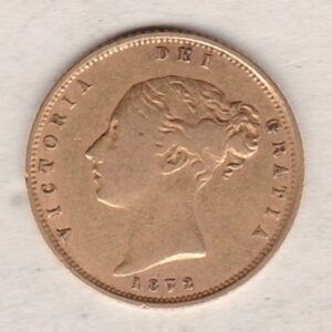 1872 Gold Half Sovereign Coin featuring Queen Victoria Young Head on the Obverse and the shield design on the Reverse with die number 212.