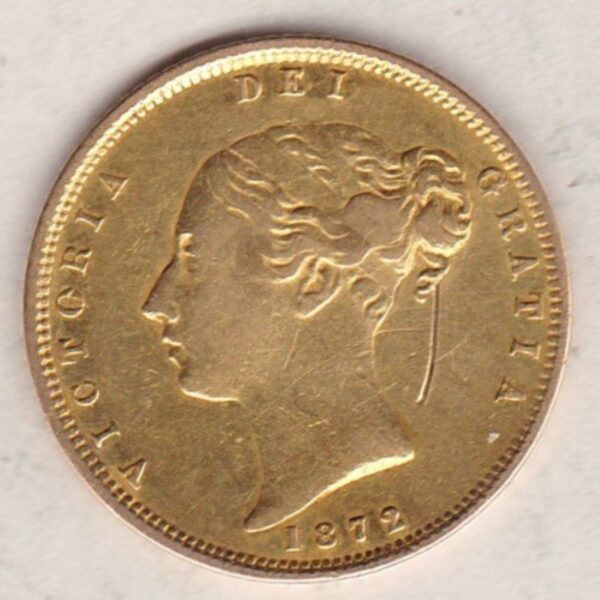 1872 Gold Half Sovereign Coin featuring Queen Victoria Young Head on the Obverse and the shield design on the Reverse with die number 332.