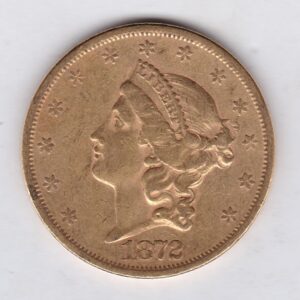 1872 S USA Twenty Dollars coin featuring the Lady Liberty on the Obverse. The eagle with a shield on its chest completes the Reverse.