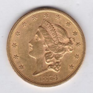 1873 S USA Twenty Dollars coin featuring the Lady Liberty on the Obverse. The eagle with a shield on its chest completes the Reverse.