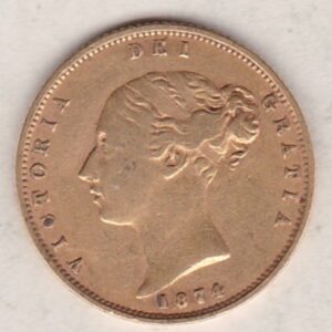 1874 Gold Half Sovereign Coin featuring Queen Victoria Young Head on the Obverse and the shield design on the Reverse with die number 25.