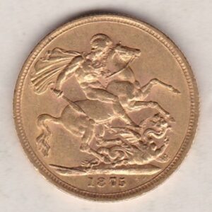 1875 M Gold Sovereign Coin featuring Queen Victoria Young Head on the Obverse and St George & the Dragon on the Reverse. Melbourne Mint.