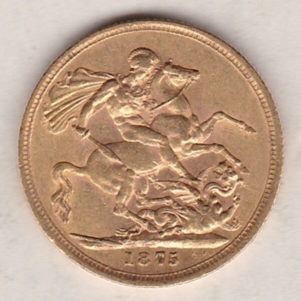 1875 M Gold Sovereign Coin featuring Queen Victoria Young Head on the Obverse and St George & the Dragon on the Reverse. Melbourne Mint.