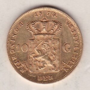 1875 Netherlands Gold Ten Gulden coin. The obverse features the portrait of King Willem III. The reverse features the crowned lion.