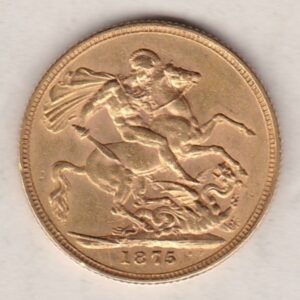 1875 S Gold Sovereign Coin featuring Queen Victoria Young Head on the Obverse and St George & the Dragon on the Reverse. Sydney Mint.