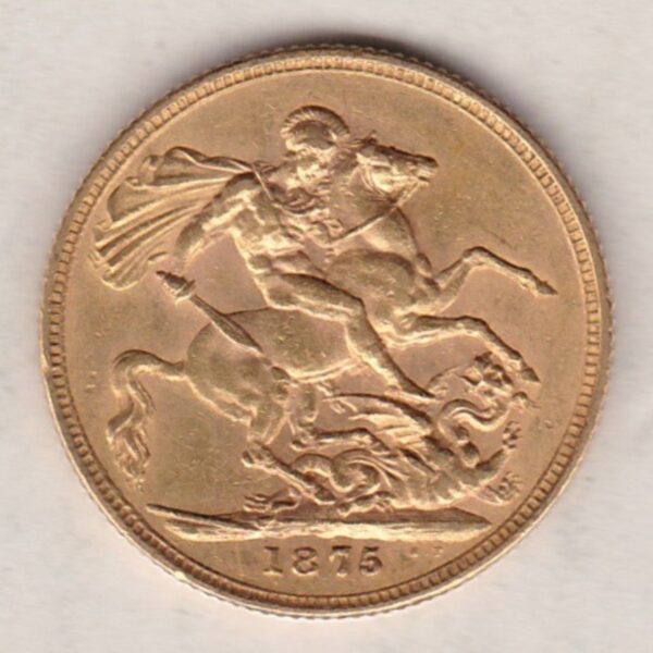1875 S Gold Sovereign Coin featuring Queen Victoria Young Head on the Obverse and St George & the Dragon on the Reverse. Sydney Mint.
