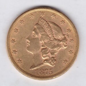 1875 S USA Twenty Dollars coin featuring the Lady Liberty on the Obverse. The eagle with a shield on its chest completes the Reverse.
