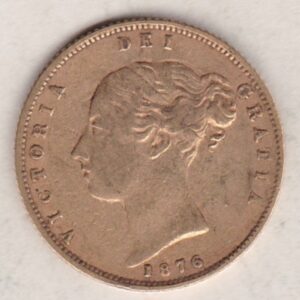 1876 Gold Half Sovereign Coin featuring Queen Victoria Young Head on the Obverse and the shield design on the Reverse with die number 73.