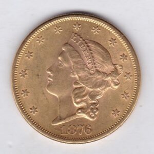 1876 S USA Twenty Dollars coin featuring the Lady Liberty on the Obverse. The eagle with a shield on its chest completes the Reverse.