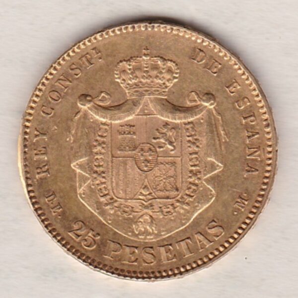1876 Spain Gold Twenty Five Pesetas - Image 2