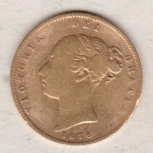 1876 Gold Half Sovereign Coin featuring Queen Victoria Young Head on the Obverse and the shield design on the Reverse with die number 75.