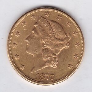 1877 USA Twenty Dollars coin featuring the Lady Liberty on the Obverse. The eagle with a shield on its chest completes the Reverse.