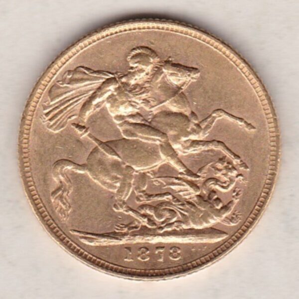 1878 Gold Sovereign Coin featuring Queen Victoria Young Head on the Obverse and St George & the Dragon on the Reverse. London Mint.