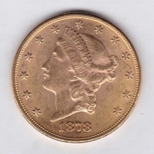 1878 USA Twenty Dollars coin featuring the Lady Liberty on the Obverse. The eagle with a shield on its chest completes the Reverse.