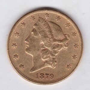 1879 S USA Twenty Dollars coin featuring the Lady Liberty on the Obverse. The eagle with a shield on its chest completes the Reverse.