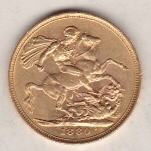 1880 Gold Sovereign Coin featuring Queen Victoria Young Head on the Obverse and St George & the Dragon on the Reverse. London Mint.