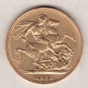 1882 S Gold Sovereign Coin featuring Queen Victoria Young Head on the Obverse and St George & the Dragon on the Reverse. Sydney Mint.