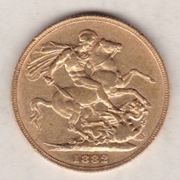 1882 S Gold Sovereign Coin featuring Queen Victoria Young Head on the Obverse and St George & the Dragon on the Reverse. Sydney Mint.
