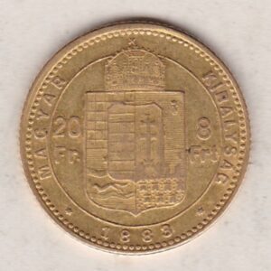 1883 Hungary Gold 8 Forint 20 Francs coin featuring the portrait of Francis Joseph I on the Obverse. The reverse features the Hungarian coat of arms.
