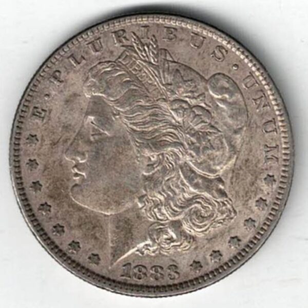 1883 Silver USA Morgan Dollar coin featuring lady liberty on the obverse. The eagle holding arrows and an olive branch on the reverse.