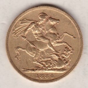 1884 Gold Sovereign Coin featuring Queen Victoria Young Head on the Obverse and St George & the Dragon on the Reverse. London Mint.