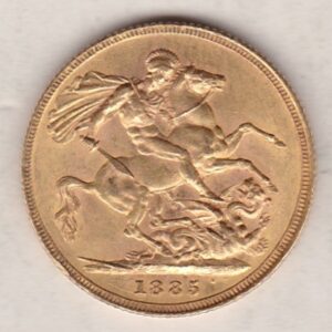 1885 S Gold Sovereign Coin featuring Queen Victoria Young Head on the Obverse and St George & the Dragon on the Reverse. Sydney Mint.