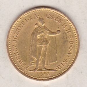 1892 Hungary Gold 10 Korona coin featuring the Emperor Francis Joseph I on the reverse. The obverse features a crowned shield with angel supporters.
