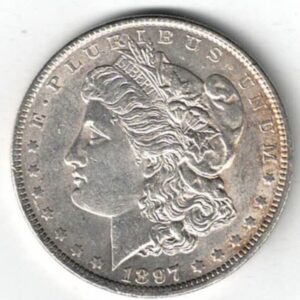 1897 Silver USA Morgan Dollar coin featuring lady liberty on the obverse. The eagle holding arrows and an olive branch on the reverse.