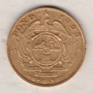 1898 South Africa Gold Pond coin featuring Paul Kruger on the Obverse. The Arms of the South African Republic on the reverse.