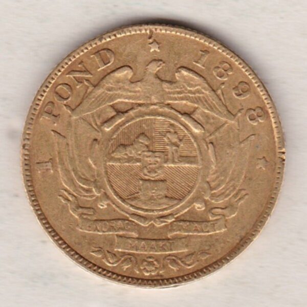 1898 South Africa Gold Pond coin featuring Paul Kruger on the Obverse. The Arms of the South African Republic on the reverse.