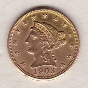 1903 USA Two And A Half Dollars Gold coin featuring the Indian head design on the Obverse. The eagle on the Reverse. Philadelphia.