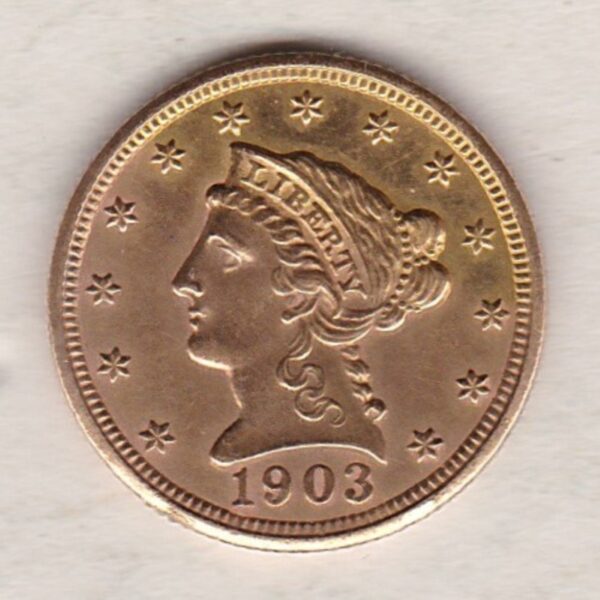 1903 USA Two And A Half Dollars Gold coin featuring the Indian head design on the Obverse. The eagle on the Reverse. Philadelphia.