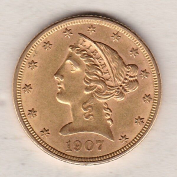 1907 D USA Five Dollars coin featuring D Denver mint mark, the Coronet head design on the Obverse. The eagle on the Reverse.
