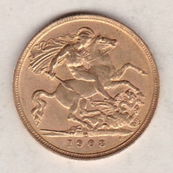 1908 M - Melbourne Mint Gold Half Sovereign Coin featuring King Edward VII on the Obverse and George & the Dragon on the Reverse in a plastic coin envelope.