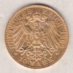 1909 A Germany Gold Ten Mark coin featuring the bust of Wilhelm II on the obverse. The crowned imperial eagle on the reverse.