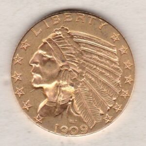 1909 D USA Five Dollars coin featuring D Denver mint mark, the Indian head design on the Obverse. The eagle on the Reverse.