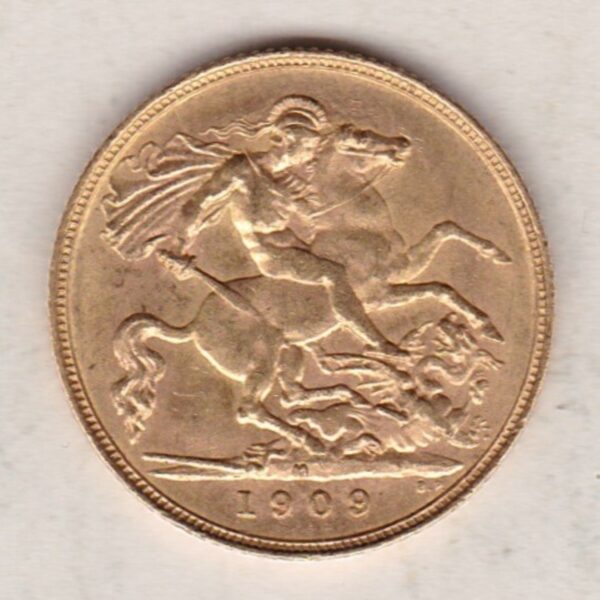 1909 M - Melbourne Mint Gold Half Sovereign Coin featuring King Edward VII on the Obverse and George & the Dragon on the Reverse in a plastic coin envelope.