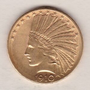 1910 D USA Ten Dollars coin featuring the Indian head surrounded by 13 stars on the Obverse and the eagle on the Reverse.