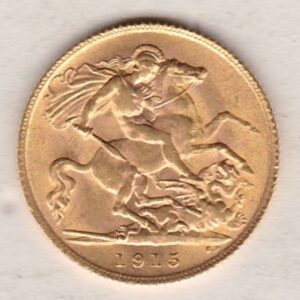 1915 Gold Half Sovereign coin featuring the portrait of King George V on the Obverse. St George and the dragon on the Reverse.