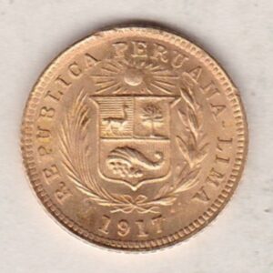 1917 Peru Gold Fifth Libra coin. The obverse features a wreath around a radiant sun above a shield. The reverse features the right facing portrait. 