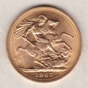 1967 Gold Sovereign Coin featuring the first portrait of Queen Elizabeth II on the Obverse. St George and the Dragon on the Reverse.
