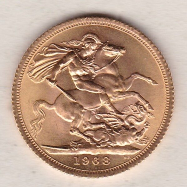 1968 Gold Sovereign Coin featuring the first portrait of Queen Elizabeth II on the Obverse. St George and the Dragon on the Reverse.