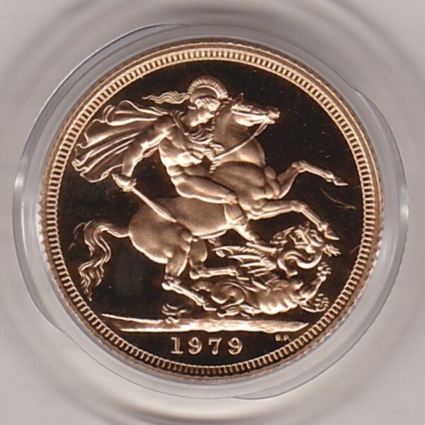 1979 gold sovereign coin featuring queen Elizabeth II on the Obverse. The reverse is completed by the St George & Dragon design.