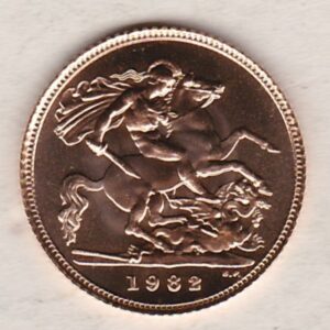 1982 Gold Half Sovereign coin featuring the second portrait of Queen Elizabeth II on the Obverse and St George and the dragon on the Reverse.