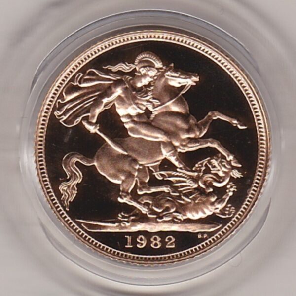 1982 gold proof sovereign coin featuring queen Elizabeth II on the Obverse & St George and the Dragon Reverse. This coin is a royal mint issue.