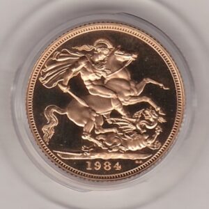 1984 Gold Proof Sovereign coin. Second portrait of Queen Elizabeth II. St George and the dragon reverse. This coin was issued as a proof only.