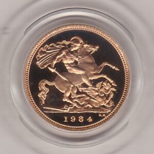 1984 gold proof half sovereign coin in capsule. This coin features Queen Elizabeth II on the obverse and St George and the dragon on the Reverse.